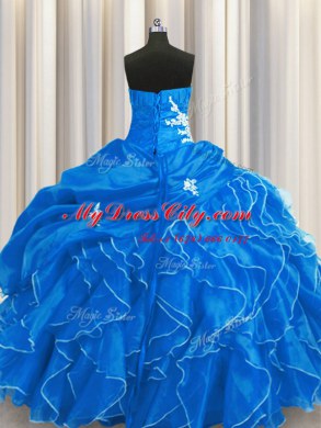 Sleeveless Floor Length Beading and Appliques and Ruffles Lace Up Quinceanera Dress with Blue