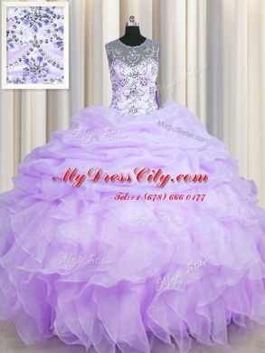 Scoop See Through Lavender Organza Lace Up 15th Birthday Dress Sleeveless Floor Length Beading and Ruffles and Pick Ups