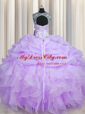 Scoop See Through Lavender Organza Lace Up 15th Birthday Dress Sleeveless Floor Length Beading and Ruffles and Pick Ups
