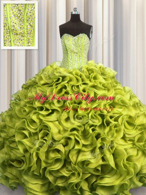 Admirable Visible Boning Sweetheart Sleeveless Lace Up Quinceanera Gown Olive Green Organza