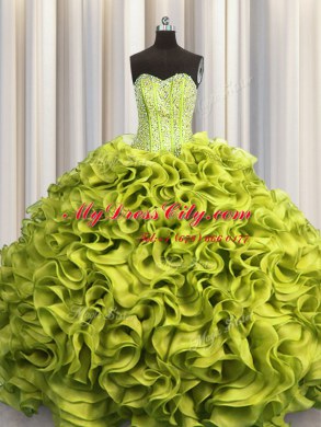 Admirable Visible Boning Sweetheart Sleeveless Lace Up Quinceanera Gown Olive Green Organza