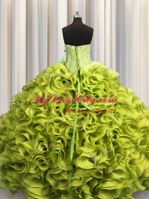 Admirable Visible Boning Sweetheart Sleeveless Lace Up Quinceanera Gown Olive Green Organza
