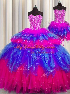 Three Piece Visible Boning Beading Quince Ball Gowns Multi-color Lace Up Sleeveless Floor Length