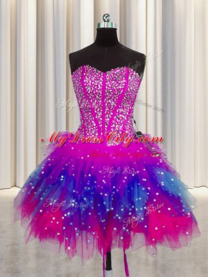 Three Piece Visible Boning Beading Quince Ball Gowns Multi-color Lace Up Sleeveless Floor Length