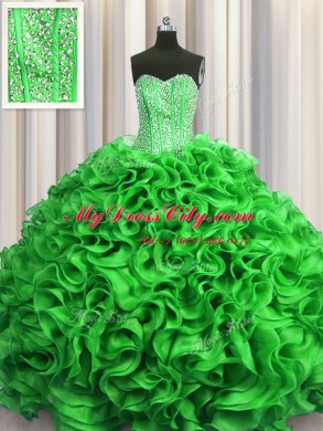 Artistic Visible Boning Sleeveless Floor Length Beading and Ruffles Lace Up Quinceanera Gown with Green
