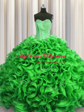 Artistic Visible Boning Sleeveless Floor Length Beading and Ruffles Lace Up Quinceanera Gown with Green