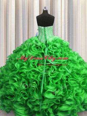 Artistic Visible Boning Sleeveless Floor Length Beading and Ruffles Lace Up Quinceanera Gown with Green