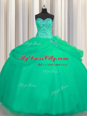 Delicate Big Puffy Sweetheart Sleeveless Vestidos de Quinceanera Floor Length Beading Turquoise Tulle