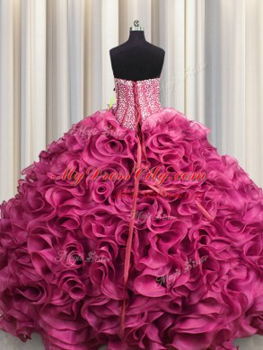 Designer Visible Boning Floor Length Lace Up Quinceanera Dress Hot Pink for Military Ball and Sweet 16 and Quinceanera with Beading and Ruffles