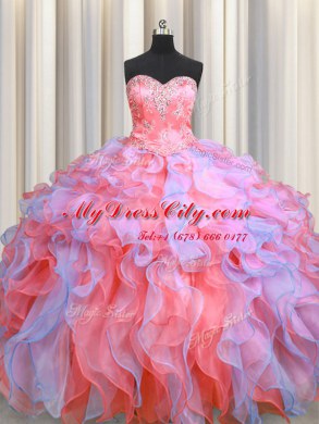 Beautiful Multi-color Sleeveless Floor Length Beading and Appliques and Ruffles Lace Up Ball Gown Prom Dress