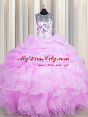 Enchanting See Through Pick Ups Ball Gowns 15th Birthday Dress Lilac Scoop Organza Sleeveless Floor Length Lace Up