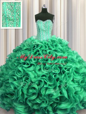 Super Visible Boning Organza Sweetheart Sleeveless Lace Up Beading and Ruffles 15th Birthday Dress in Turquoise