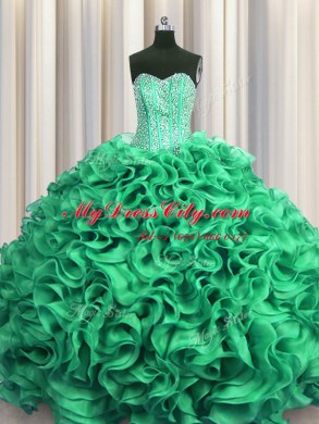 Super Visible Boning Organza Sweetheart Sleeveless Lace Up Beading and Ruffles 15th Birthday Dress in Turquoise
