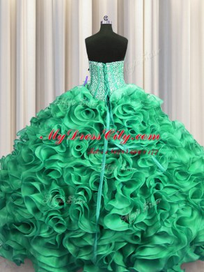 Super Visible Boning Organza Sweetheart Sleeveless Lace Up Beading and Ruffles 15th Birthday Dress in Turquoise