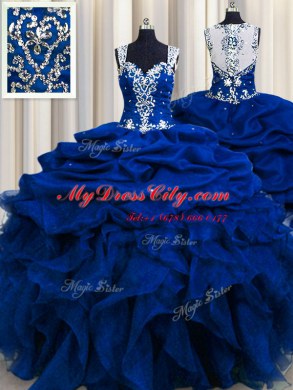 Affordable Zipple Up See Through Back Royal Blue Sleeveless Beading and Ruffles and Sequins and Pick Ups Floor Length Ball Gown Prom Dress