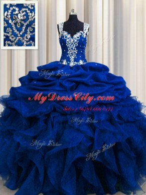 Affordable Zipple Up See Through Back Royal Blue Sleeveless Beading and Ruffles and Sequins and Pick Ups Floor Length Ball Gown Prom Dress