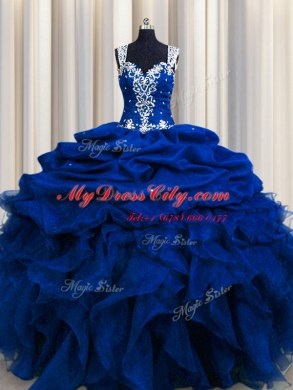 Affordable Zipple Up See Through Back Royal Blue Sleeveless Beading and Ruffles and Sequins and Pick Ups Floor Length Ball Gown Prom Dress