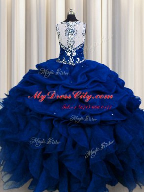 Affordable Zipple Up See Through Back Royal Blue Sleeveless Beading and Ruffles and Sequins and Pick Ups Floor Length Ball Gown Prom Dress