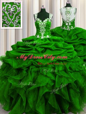 Smart See Through Back Floor Length Zipper 15 Quinceanera Dress Green for Military Ball and Sweet 16 and Quinceanera with Beading and Ruffles and Sequins and Pick Ups