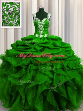 Smart See Through Back Floor Length Zipper 15 Quinceanera Dress Green for Military Ball and Sweet 16 and Quinceanera with Beading and Ruffles and Sequins and Pick Ups