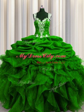 Smart See Through Back Floor Length Zipper 15 Quinceanera Dress Green for Military Ball and Sweet 16 and Quinceanera with Beading and Ruffles and Sequins and Pick Ups