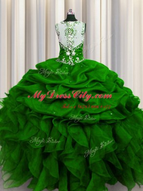 Smart See Through Back Floor Length Zipper 15 Quinceanera Dress Green for Military Ball and Sweet 16 and Quinceanera with Beading and Ruffles and Sequins and Pick Ups