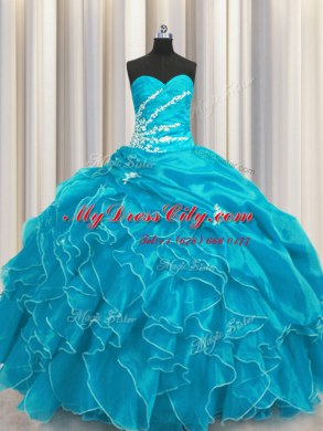 Trendy Aqua Blue Ball Gowns Beading and Appliques and Ruffles Quince Ball Gowns Lace Up Organza Sleeveless Floor Length