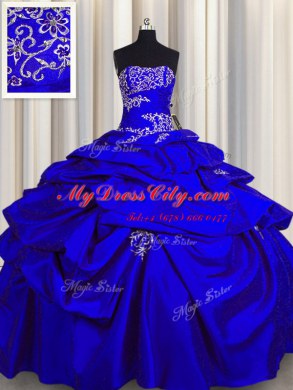 Fine Sleeveless Floor Length Appliques and Pick Ups Lace Up 15 Quinceanera Dress with Royal Blue