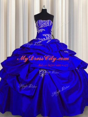 Fine Sleeveless Floor Length Appliques and Pick Ups Lace Up 15 Quinceanera Dress with Royal Blue