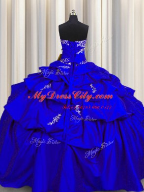 Fine Sleeveless Floor Length Appliques and Pick Ups Lace Up 15 Quinceanera Dress with Royal Blue