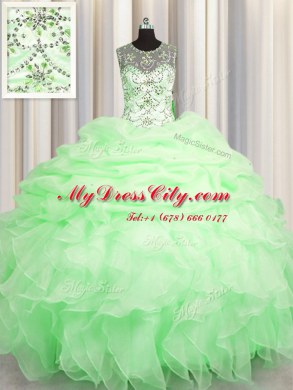Scoop Pick Ups See Through Sleeveless Organza Lace Up Sweet 16 Dresses for Military Ball and Sweet 16 and Quinceanera