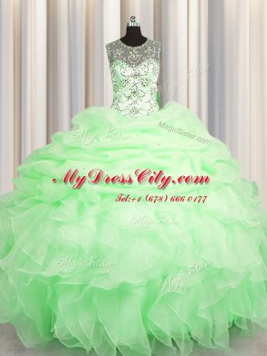 Scoop Pick Ups See Through Sleeveless Organza Lace Up Sweet 16 Dresses for Military Ball and Sweet 16 and Quinceanera