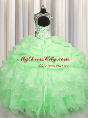 Scoop Pick Ups See Through Sleeveless Organza Lace Up Sweet 16 Dresses for Military Ball and Sweet 16 and Quinceanera