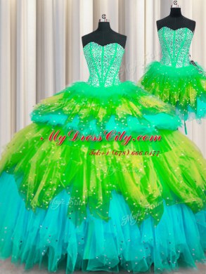 Wonderful Three Piece Visible Boning Multi-color Quince Ball Gowns Military Ball and Sweet 16 and Quinceanera and For with Beading and Ruffles and Ruffled Layers and Sequins Sweetheart Sleeveless Lace Up