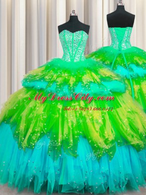 Wonderful Three Piece Visible Boning Multi-color Quince Ball Gowns Military Ball and Sweet 16 and Quinceanera and For with Beading and Ruffles and Ruffled Layers and Sequins Sweetheart Sleeveless Lace Up