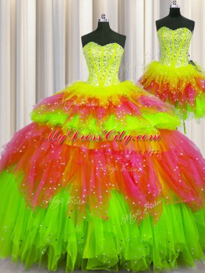 Three Piece Visible Boning Multi-color Ball Gowns Beading Ball Gown Prom Dress Lace Up Tulle Sleeveless Floor Length