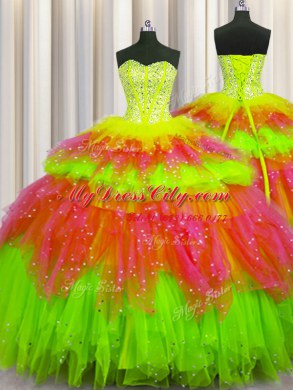 Three Piece Visible Boning Multi-color Ball Gowns Beading Ball Gown Prom Dress Lace Up Tulle Sleeveless Floor Length