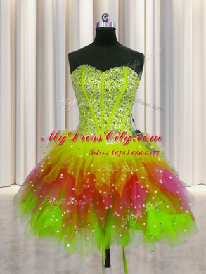 Three Piece Visible Boning Multi-color Ball Gowns Beading Ball Gown Prom Dress Lace Up Tulle Sleeveless Floor Length