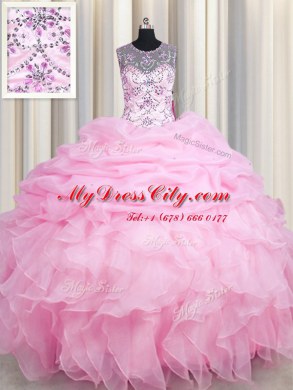 Fashionable See Through Rose Pink Ball Gowns Organza Scoop Sleeveless Beading and Ruffles and Pick Ups Floor Length Lace Up Sweet 16 Dress