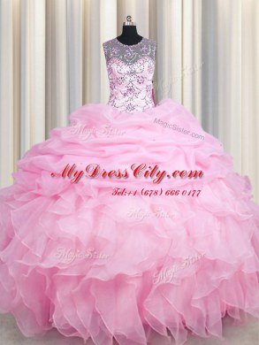 Fashionable See Through Rose Pink Ball Gowns Organza Scoop Sleeveless Beading and Ruffles and Pick Ups Floor Length Lace Up Sweet 16 Dress