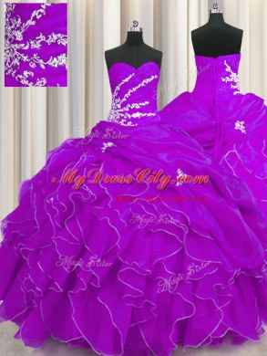 Purple Sweetheart Neckline Beading and Appliques and Ruffles Sweet 16 Dresses Sleeveless Lace Up