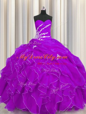 Purple Sweetheart Neckline Beading and Appliques and Ruffles Sweet 16 Dresses Sleeveless Lace Up
