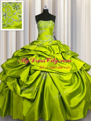 Floor Length Lace Up Vestidos de Quinceanera Olive Green for Military Ball and Sweet 16 and Quinceanera with Beading and Pick Ups