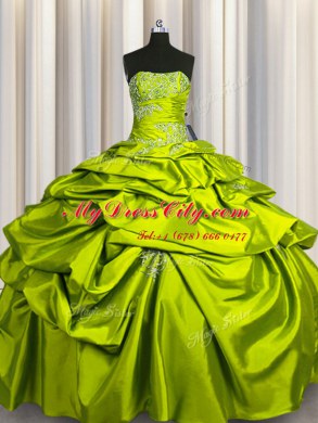 Floor Length Lace Up Vestidos de Quinceanera Olive Green for Military Ball and Sweet 16 and Quinceanera with Beading and Pick Ups