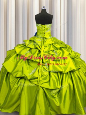 Floor Length Lace Up Vestidos de Quinceanera Olive Green for Military Ball and Sweet 16 and Quinceanera with Beading and Pick Ups