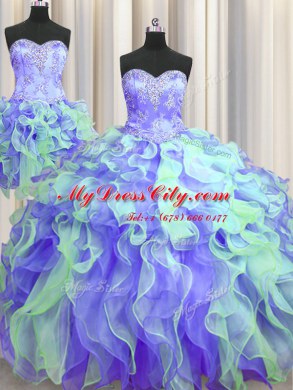 Three Piece Multi-color Organza Lace Up Sweetheart Sleeveless Floor Length 15th Birthday Dress Beading and Appliques and Ruffles