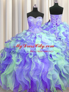 Three Piece Multi-color Organza Lace Up Sweetheart Sleeveless Floor Length 15th Birthday Dress Beading and Appliques and Ruffles