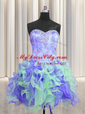 Three Piece Multi-color Organza Lace Up Sweetheart Sleeveless Floor Length 15th Birthday Dress Beading and Appliques and Ruffles