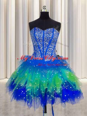 Fantastic Three Piece Visible Boning Sleeveless Floor Length Beading and Ruffles and Ruffled Layers and Sequins Lace Up Sweet 16 Dress with Multi-color