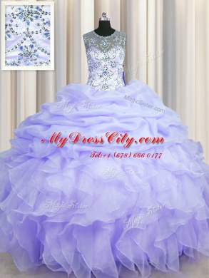 Exquisite See Through Scoop Sleeveless Lace Up Quinceanera Dress Lavender Organza